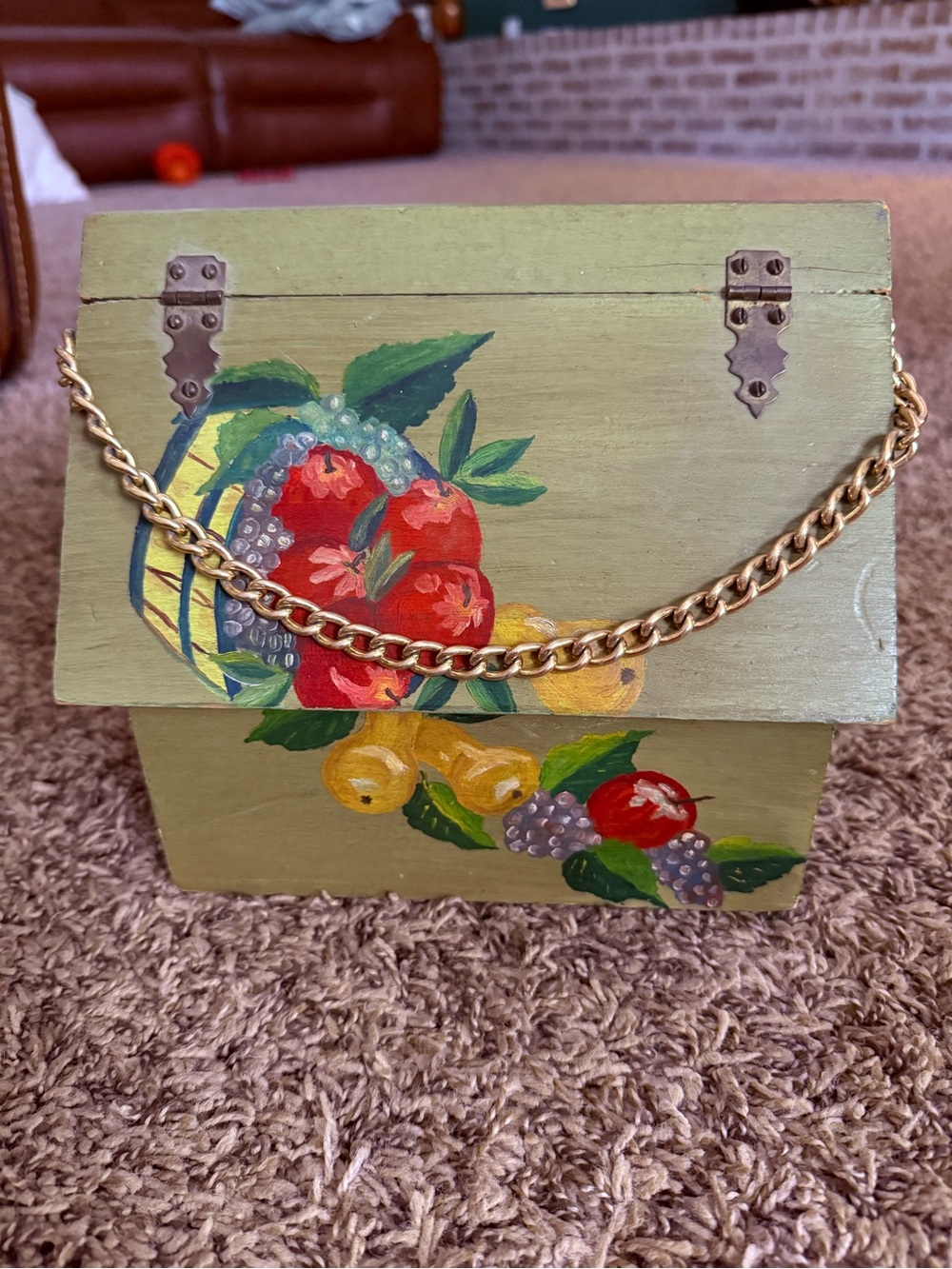Handmade Hand Painted Wooden Fruit Box Purse Gold Chain